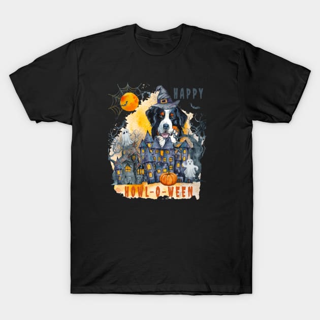 Bernese Mountain Dog Happy Howl-o-ween Ghost Houses Funny Watercolor T-Shirt by Sniffist Gang